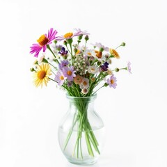 Fototapeta premium A small bouquet of wildflowers in a delicate glass vase creates a peaceful scene, glass vase, serene, isolated