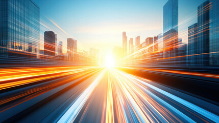 Obraz premium Vibrant cityscape with light trails, showcasing urban energy and movement. sun sets behind skyscrapers, creating dynamic and colorful atmosphere