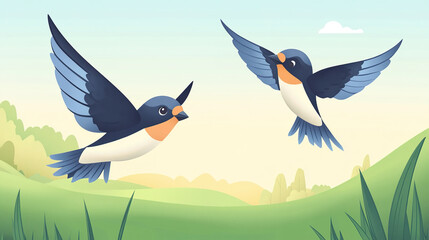 Naklejka premium Swallows in the Grass