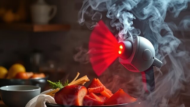 A smoke alarm's loud siren signals that dinner is finally ready to be served, aromas wafting, enticing, cooking