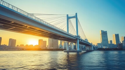 Fototapeta premium Beautiful Sunset Over Modern Bridge and City Skyline Reflection