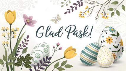Swedish Easter card with floral decorations and tulips, and Scandinavian-style design featuring the text "Glad Påsk" for festive holiday greetings.