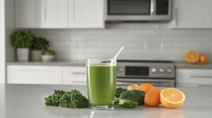 Hypertension patient preparing a green smoothie in the kitchen. Featuring health and nutrition