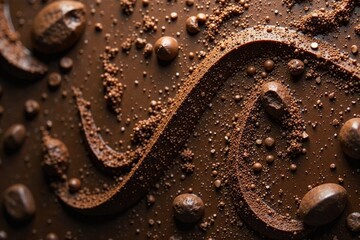 Milled chocolate art; deep brown tones, textured cocoa patterns , delicious, top view