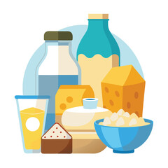 Vector collection of dairy products in flat style including milk, butter, cheese, yogurt, cottage