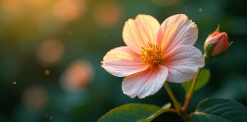 Naklejka premium A delicate peach blossom bathed in the warm glow of the setting sun, its petals gently unfurling, showcasing nature's exquisite beauty in a tranquil garden setting