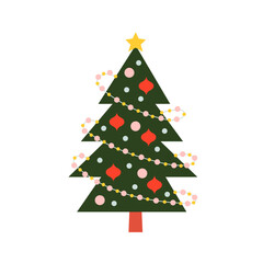 Cute green Christmas tree isolated on a white background, vector illustration. Simple flat design. Christmas decorative element for a card, poster, banner. Vintage and nostalgic