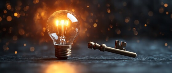 Key next to a glowing light bulb, symbolizing success, business ideas, innovation, achievement, inspirational design, motivational imagery, clean and modern style