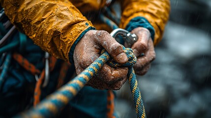 Climber's muddy hands tying climbing rope in rain.