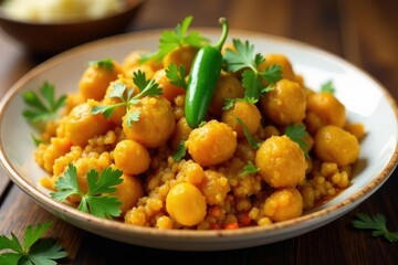 Chana fry garnished with green chilies and cilantro, side dish, plate, cilantro