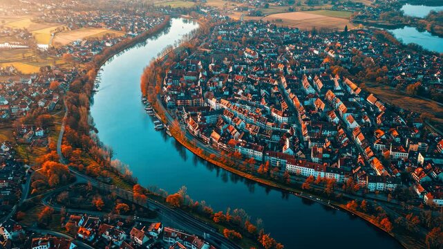Eagle view of Hanau showing the river and the charming neighborhoods at sunset in Hesse, Germany, Aerial view of the city Hanau in Germany, hesse on an early spring day