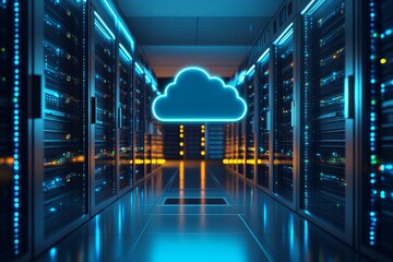 Illuminated cloud icon above storage servers in a high tech data center with neon blue lighting