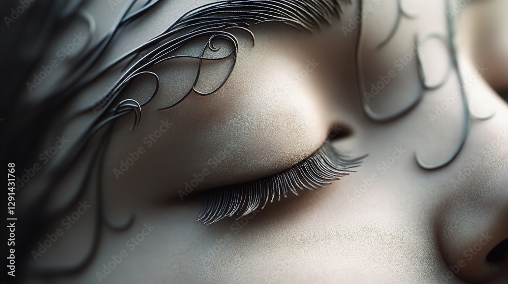 Wall mural An artistic close-up of a serene face featuring delicate, spiraled lines and eyelashes, representing beauty and tranquility, ideal for creative projects or portraits.