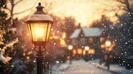Charming vintage street lamp illuminates snowy landscape on christmas eve in a quaint town setting