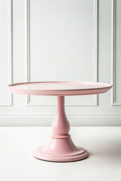 Empty minimal pink cake stand pedestal against white wall