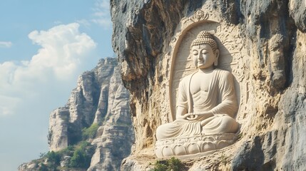 Fototapeta premium A serene Buddha statue carved into the side of a mountain cliff