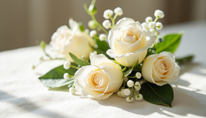 Elegant white rose corsage on lace tablecloth, prom celebration
