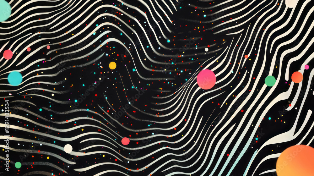 Poster Dynamic abstract background with wavy lines and confetti patterns for creative design