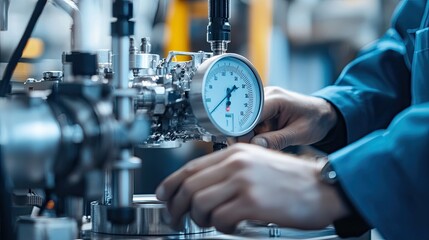 Close-up of an engineer calibrating a complex instrument, showcasing precision and hands-on expertise in technology