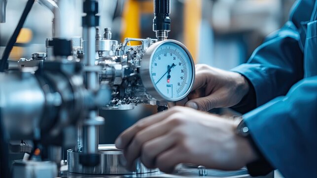 Close-up of an engineer calibrating a complex instrument, showcasing precision and hands-on expertise in technology