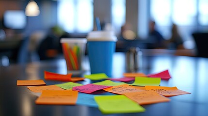 Close-up of colorful sticky notes on a table with scribbled ideas, showcasing the creative process in a collaborative setting