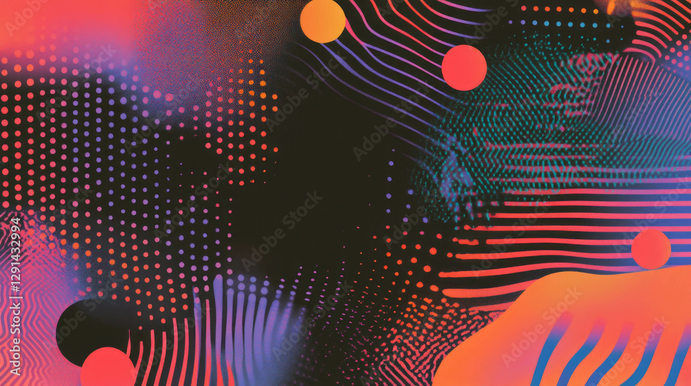 Poster colorful abstract design with wavy lines and polka dots for modern backgrounds