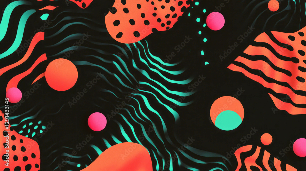 Poster Vibrant abstract background with wavy lines and polka dots in contrasting colors
