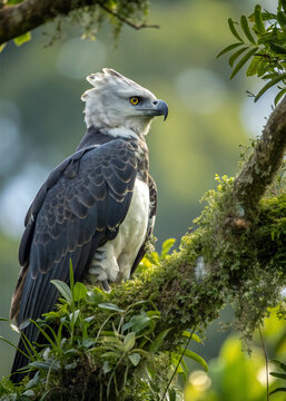 &Aacute;guila Arp&iacute;a posando en la rama de un &aacute;rbol