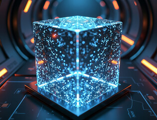 A glowing cube with dots hovering over a futuristic control panel. 3D cyberpunk illustration with an emphasis on neon light and detail.