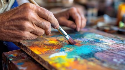Fototapeta premium Artist's Hand with Brush Painting Colorful Abstract Art on Canvas