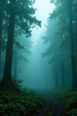 Fototapeta premium Dense white vapor envelops a dark and mysterious forest, mysterious, foggy, green