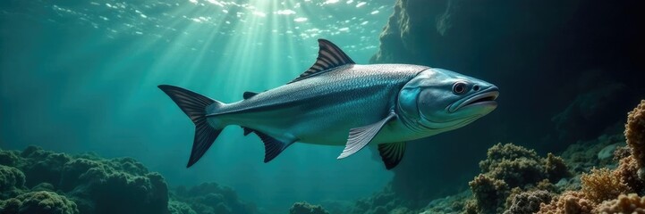 Descripci?n de una anguila nadando en la red de pesca al amancer, fondo marino, peces