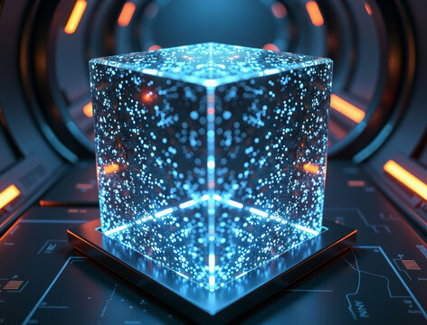 A glowing cube with dots hovering over a futuristic control panel. 3D cyberpunk illustration with an emphasis on neon light and detail.