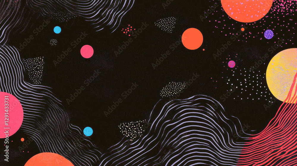 Poster abstract background with wavy lines, squiggles, and colorful dots for creative design