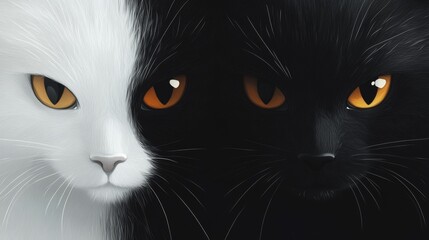 Art illustration, sports minimalism style, fuzzy form, black cat and white cat, solid color background, close-up, pure flat illustration, extreme high-definition picture, cat's eyes depict clear