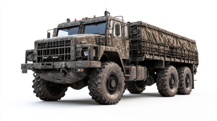 Fototapeta premium Muddy Military Cargo Truck on White Background