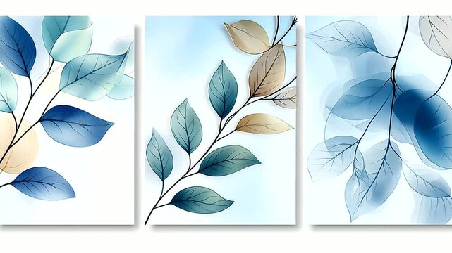 Botanical Wall Art Template with Hand-Drawn Leaves and Blue Texture