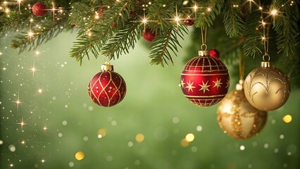 Naklejka premium Christmas ornaments hanging on a fir tree branch