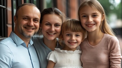 Obraz premium A joyful family of four is captured in a warm moment, smiling and embracing each other outside, showcasing love, connection, and happiness in a serene setting.
