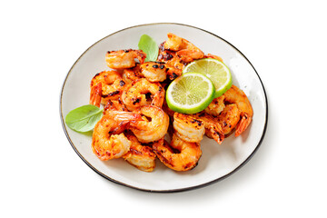 Grilled tiger shrimps with spice and lime. Isolated on white  background. 