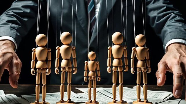 Businessman Controlling Wooden Puppet Figures with Strings Over a Desk with Money in a Concept of Manipulation

