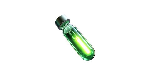 Green glowing liquid in glass vial isolated on transparent background