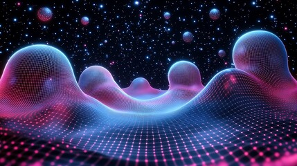 Abstract image of futuristic terrain with floating spherical elements