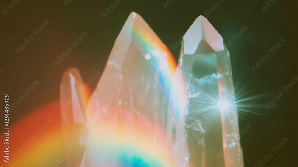 Poster vibrant spectrum of white light refracting through crystal structure featuring prismatic colors
