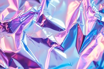 A close-up of crumpled, iridescent foil with holographic effects, set against a pastel blue and purple gradient, evoking '80s retro fashion and futuristic technology vibes.