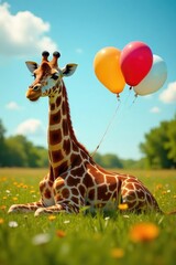 Obraz premium Giraffe lies down in sunny meadow with balloons tied to its back, natural, scenery