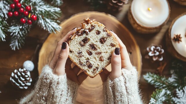 Sweet and cheerful woman enjoying christmas at her home. Wearing christmas costume and eating tipical sweets. Lifestyle. Season photography.