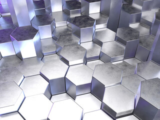 六角柱で構成された幾何学的な空間の3Dイラストレーション