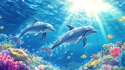 Fototapeta premium Dolphins Playing Underwater