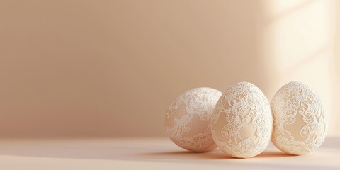 3d background minimalistic mockup with space for text, delicate lace-patterned Easter eggs on a soft beige background